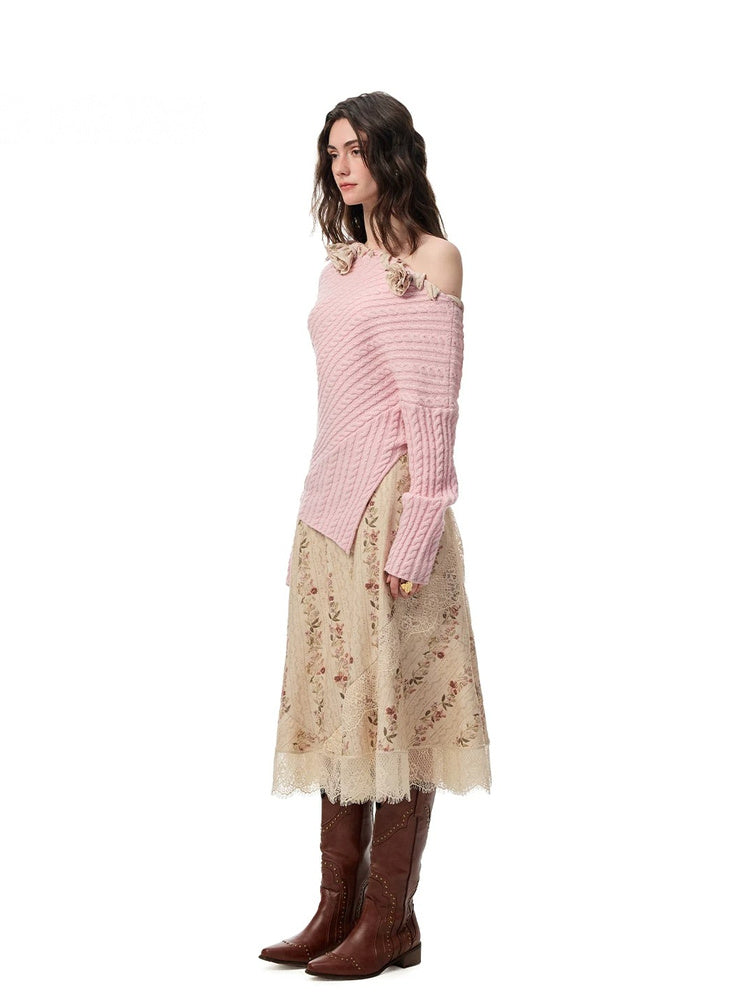 SHROENRO 3D Floral Asymmetric Off-Shoulder Knit Top