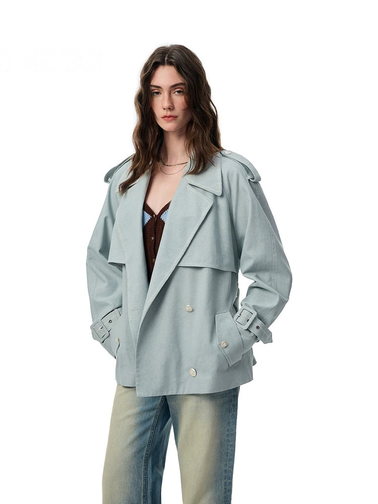 SHROENRO Embroidered Denim-Look Cropped Trench