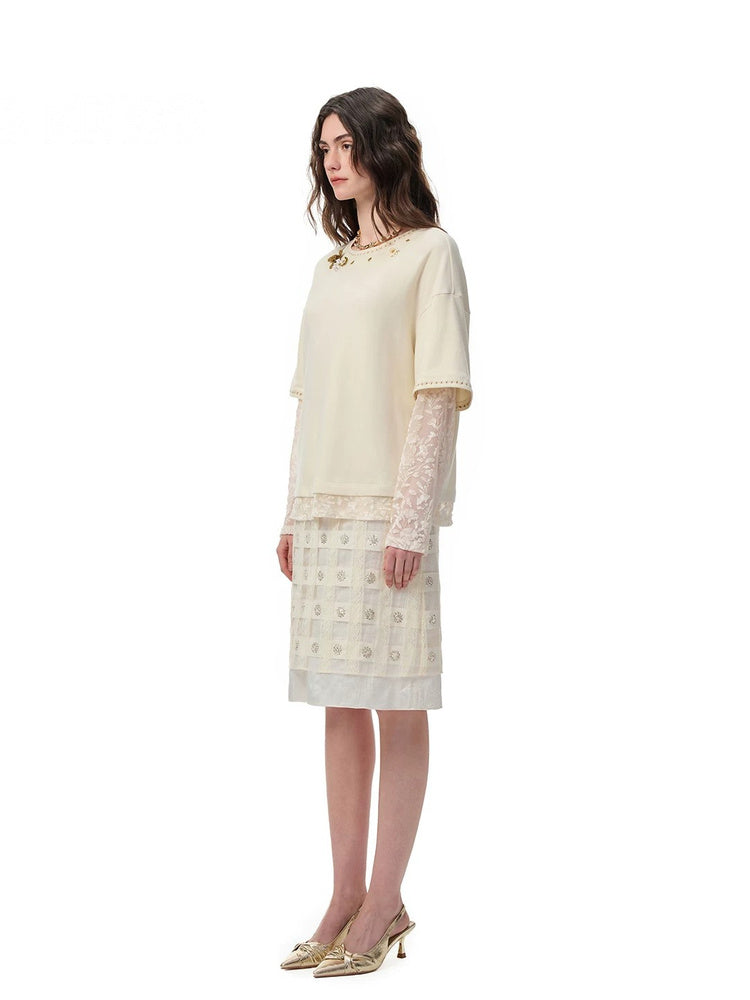 SHROENRO Beaded Lace-Layered Long-Sleeve Top