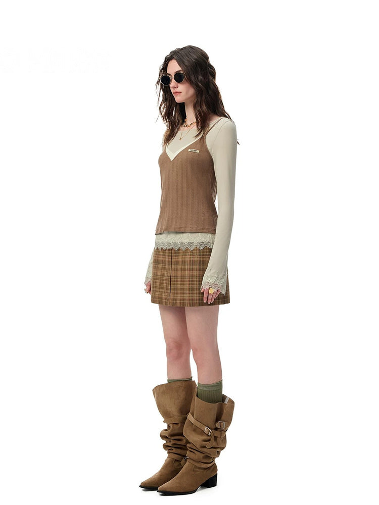 SHROENRO Contrast Lace-Trim Knit Two-Piece Top