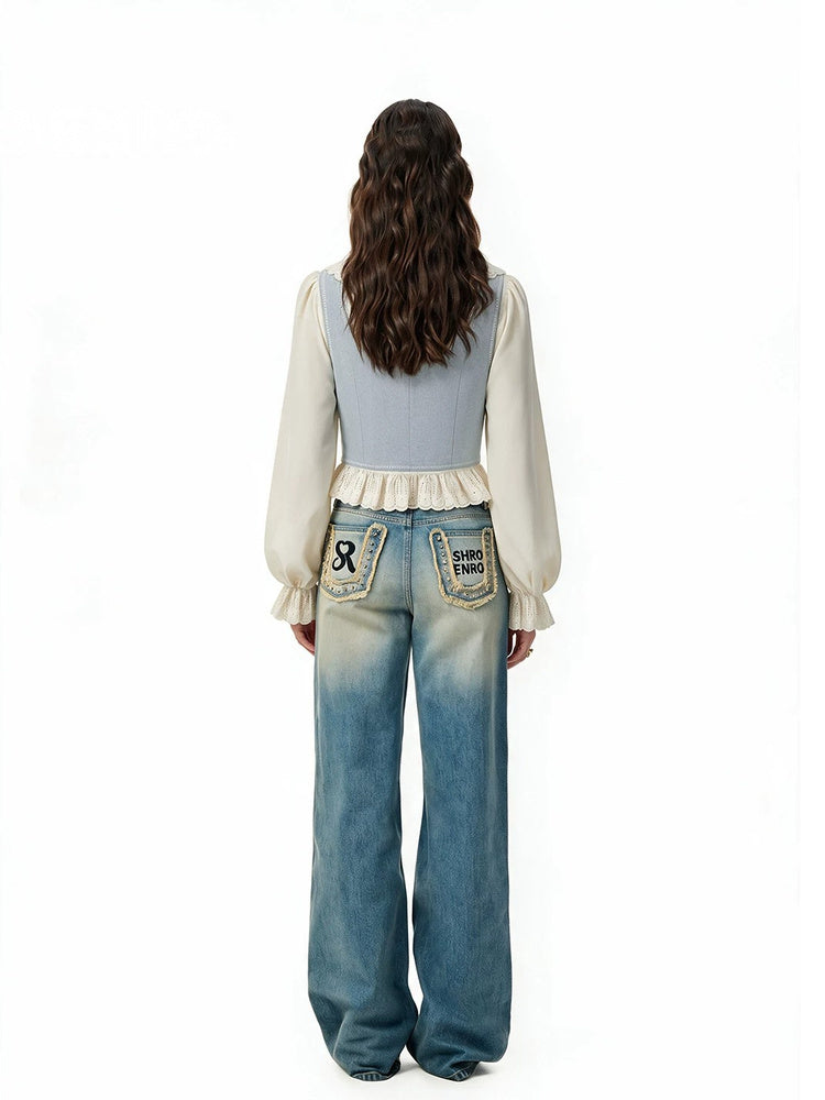 SHROENRO Embroidered Denim-Look Vest and Shirt Set