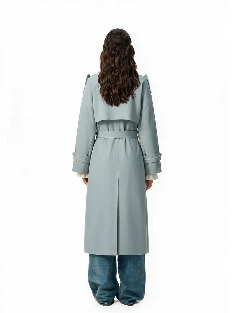 SHROENRO Embroidered Denim-Look Double-Breasted Trench Coat