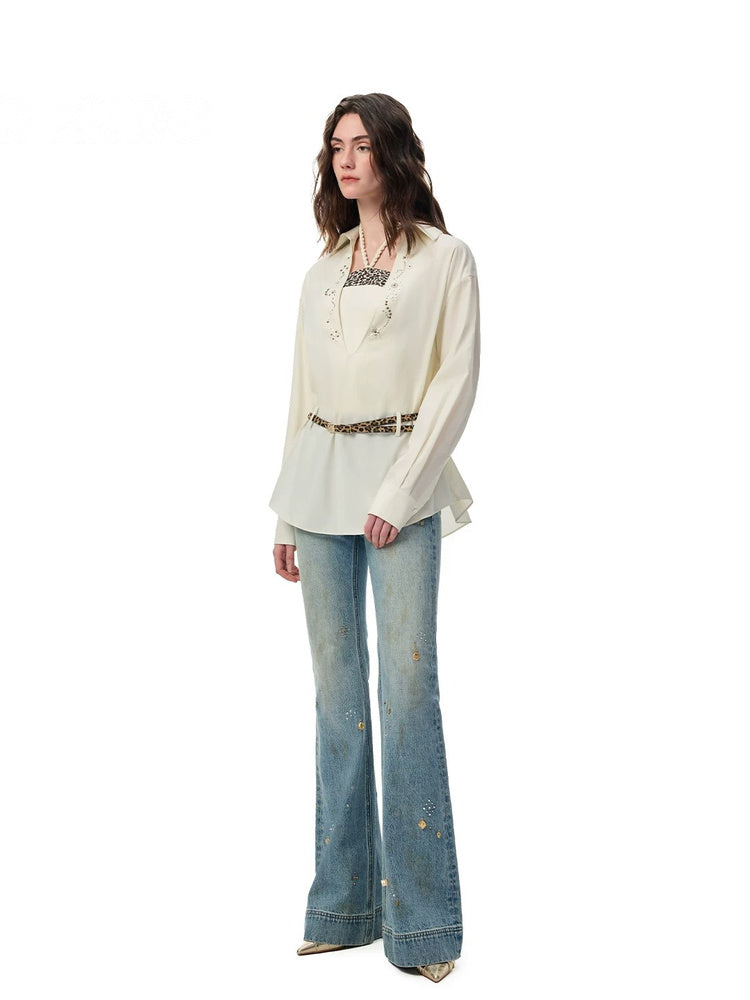 SHROENRO Rhinestone Leopard Layered Long Shirt