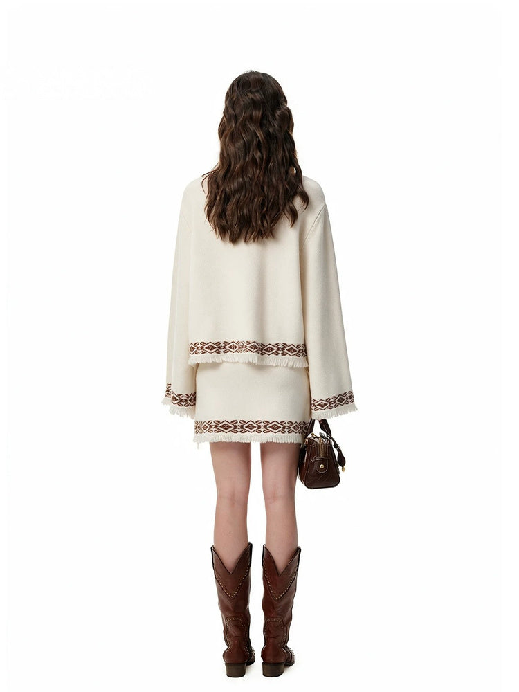 SHROENRO Jacquard Fringe Knit Cardigan