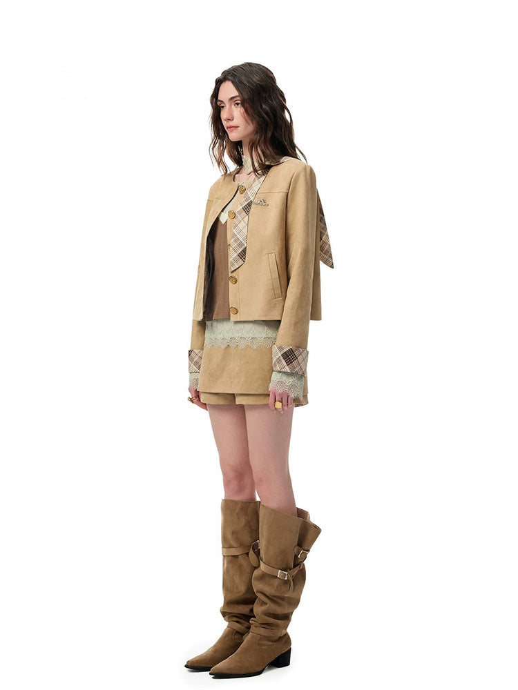 SHROENRO Vintage Plaid Cropped Jacket