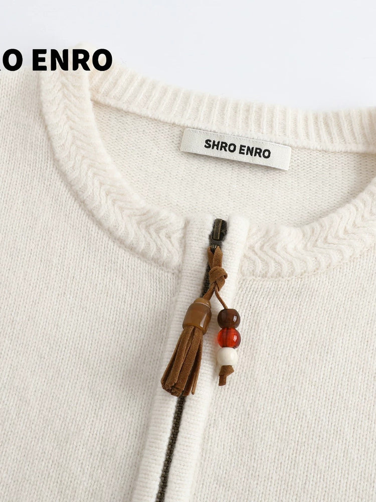 SHROENRO Jacquard Fringe Knit Cardigan