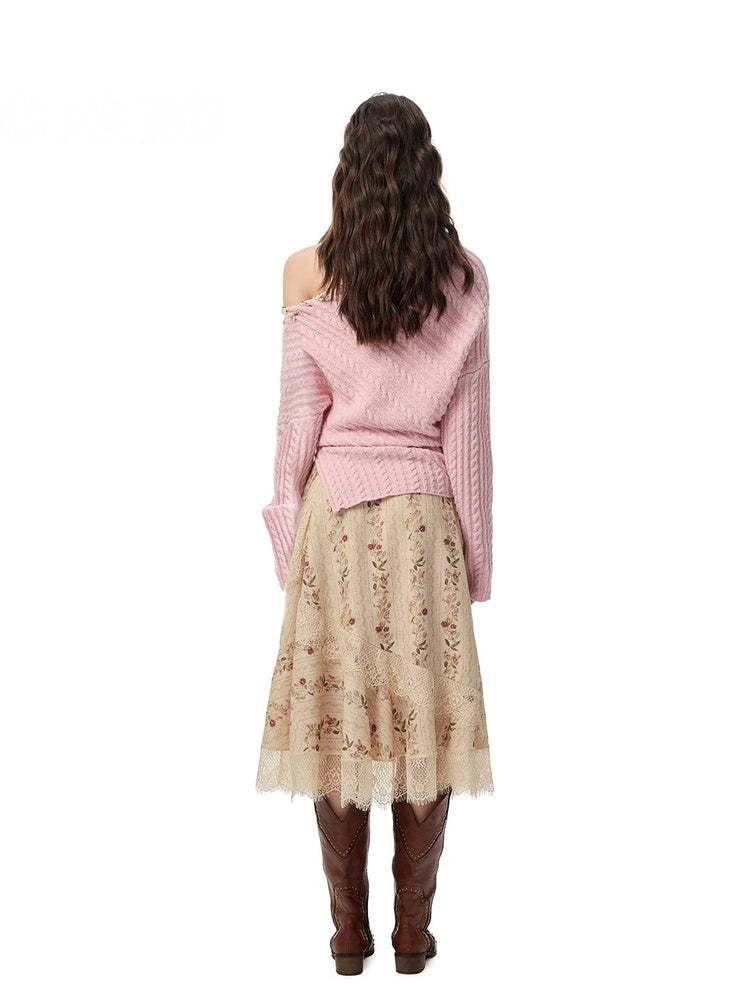 SHROENRO 3D Floral Asymmetric Off-Shoulder Knit Top