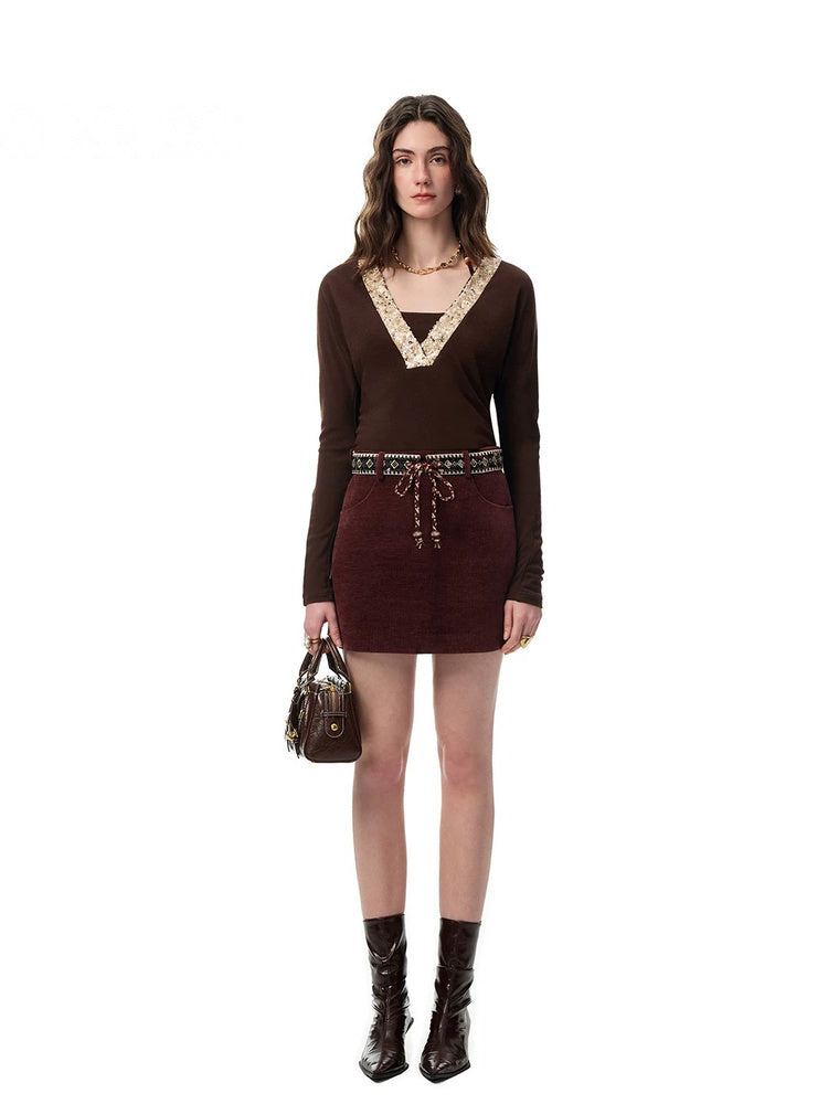 SHROENRO Lace-Trim High-Waisted A-Line Mini Skirt