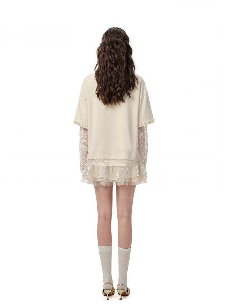 SHROENRO Beaded Lace-Layered Long-Sleeve Top