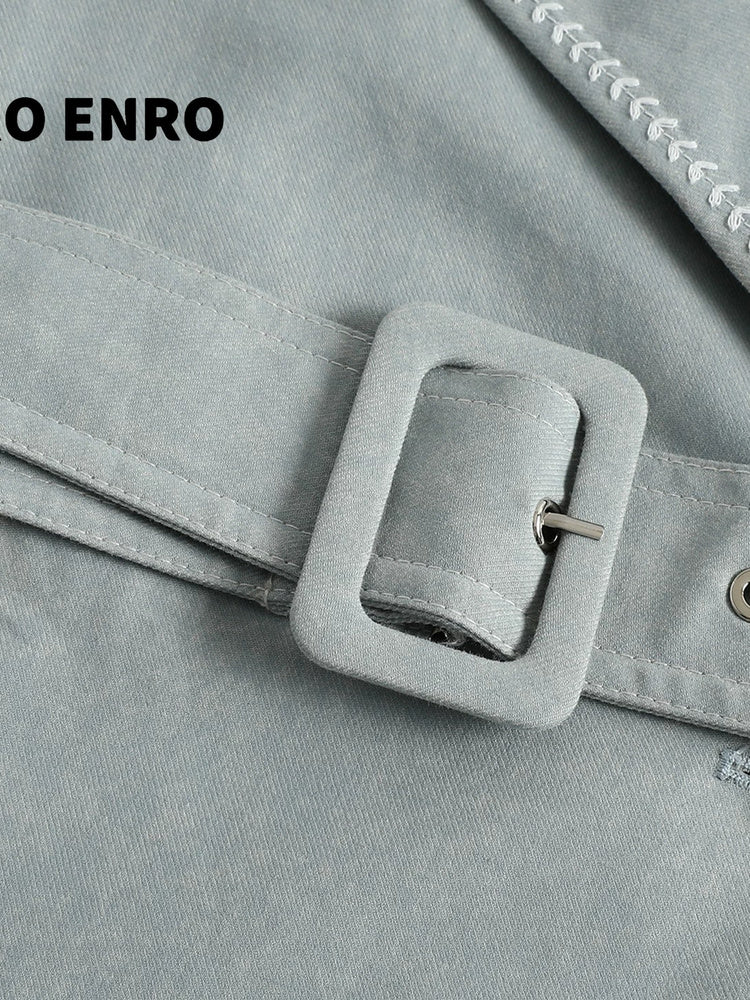 SHROENRO Embroidered Denim-Look Double-Breasted Trench Coat