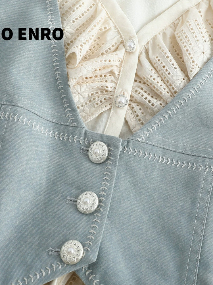 SHROENRO Embroidered Denim-Look Vest and Shirt Set