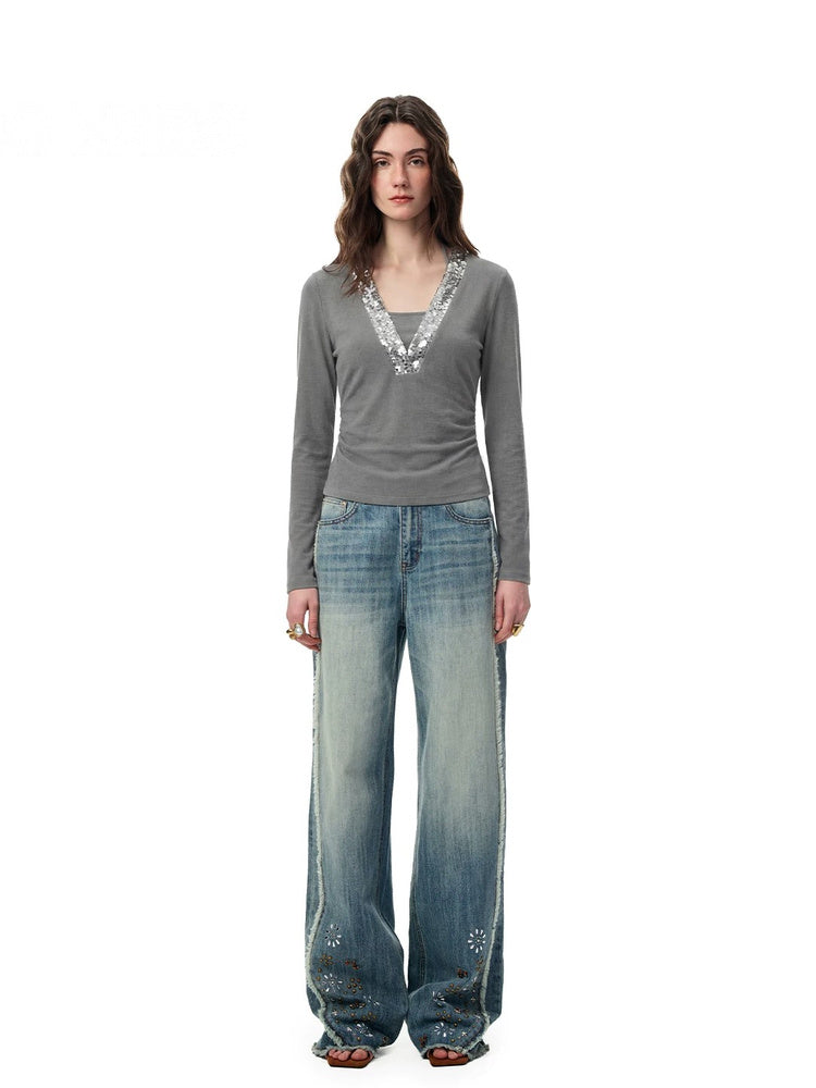 SHROENRO Sequin-Panel Halter Layered T-Shirt