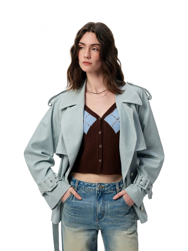 SHROENRO Embroidered Denim-Look Cropped Trench
