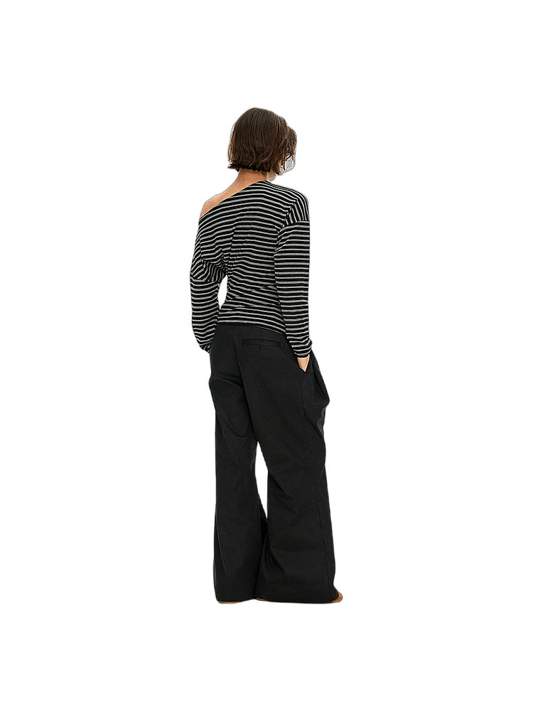 D.PERCENT Striped Asymmetric-Neck Long-Sleeve Top