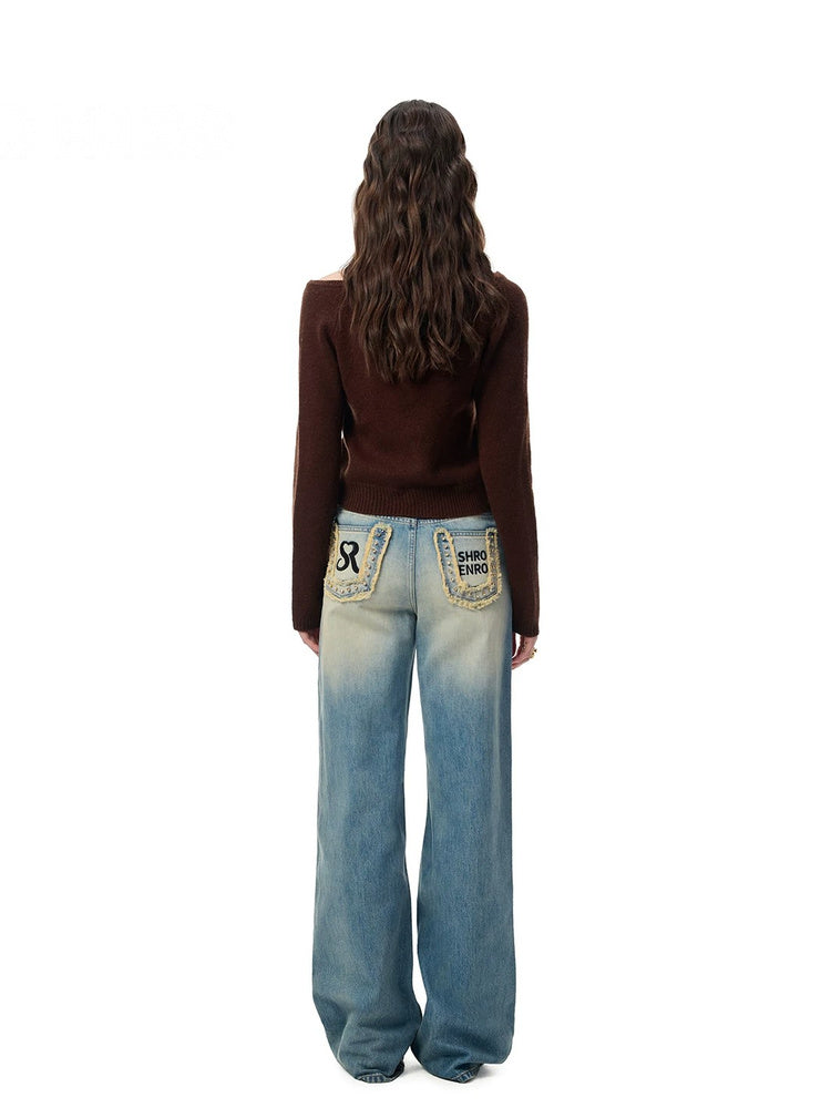 SHROENRO Embroidered Denim-Look Wide-Leg Jeans