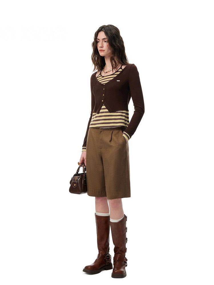 SHROENRO Brown Contrast Frayed-Hem Culottes