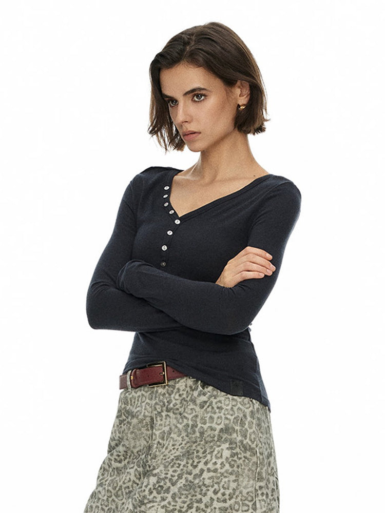 D.PERCENT Asymmetric Henley Long-Sleeve Top