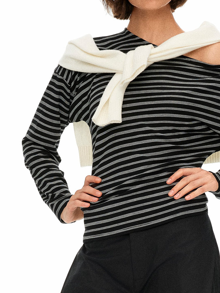 D.PERCENT Striped Asymmetric-Neck Long-Sleeve Top
