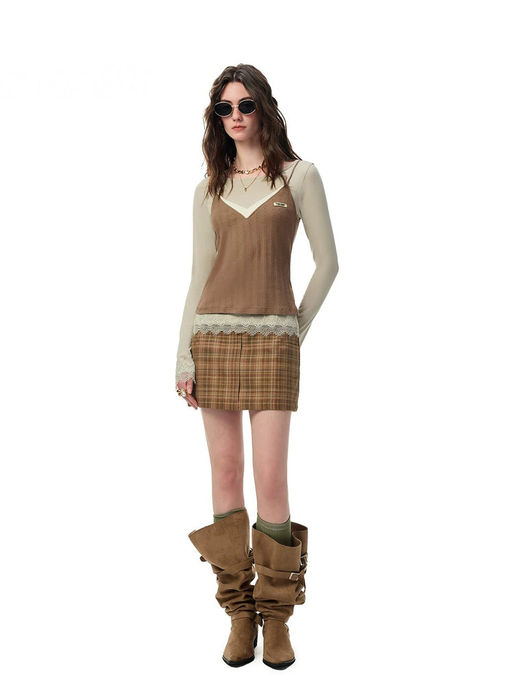 SHROENRO Contrast Lace-Trim Knit Two-Piece Top