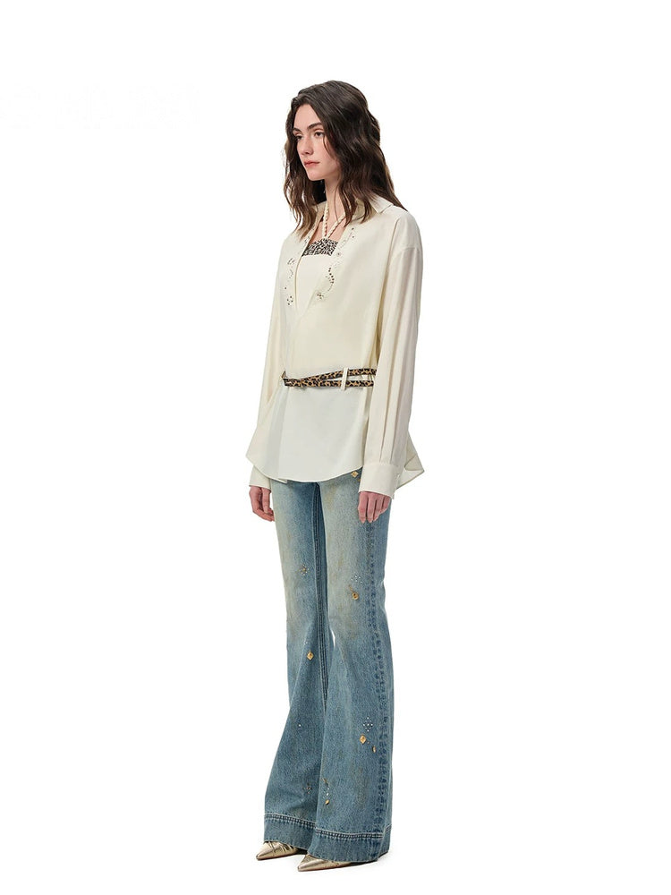 SHROENRO Rhinestone Leopard Layered Long Shirt