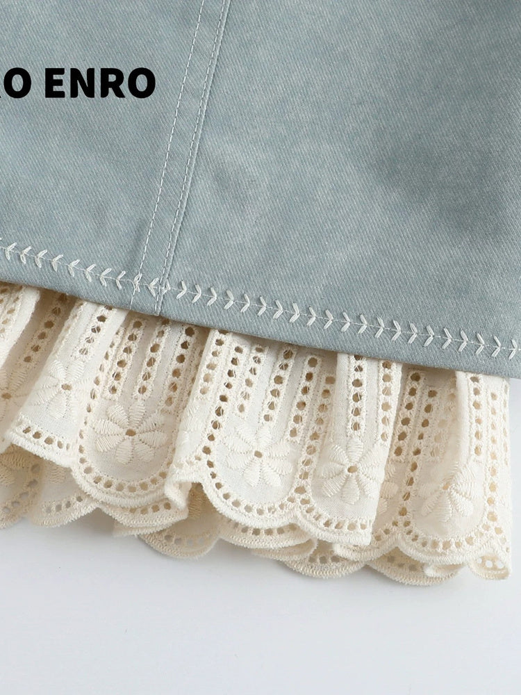 SHROENRO Embroidered Denim-Look Vest and Shirt Set