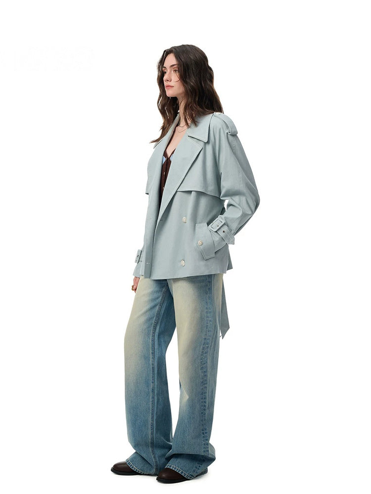 SHROENRO Embroidered Denim-Look Cropped Trench
