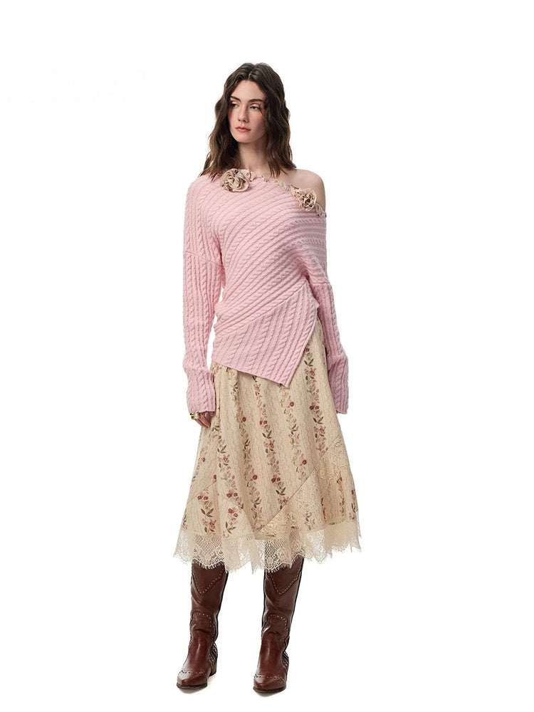 SHROENRO Asymmetric Lace-Panel Floral Midi Skirt