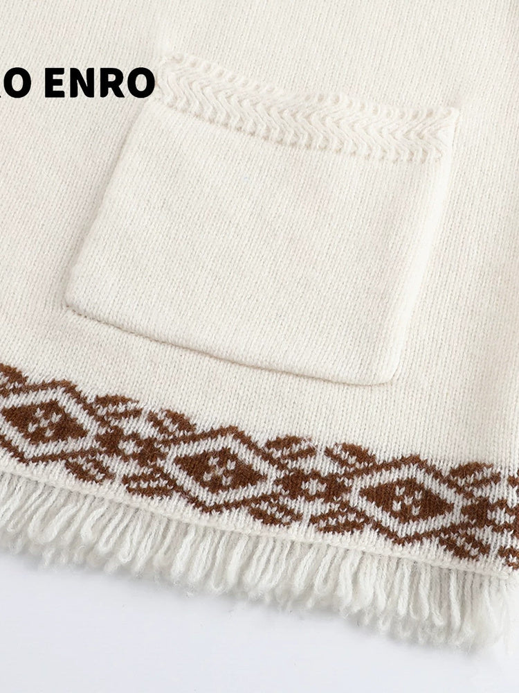SHROENRO Jacquard Fringe Knit Cardigan