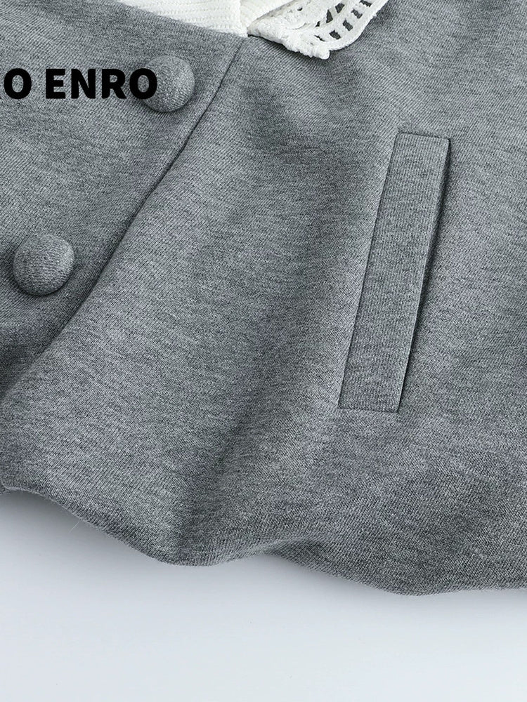 SHROENRO Lace-Trim V-Neck Cropped Sweatshirt