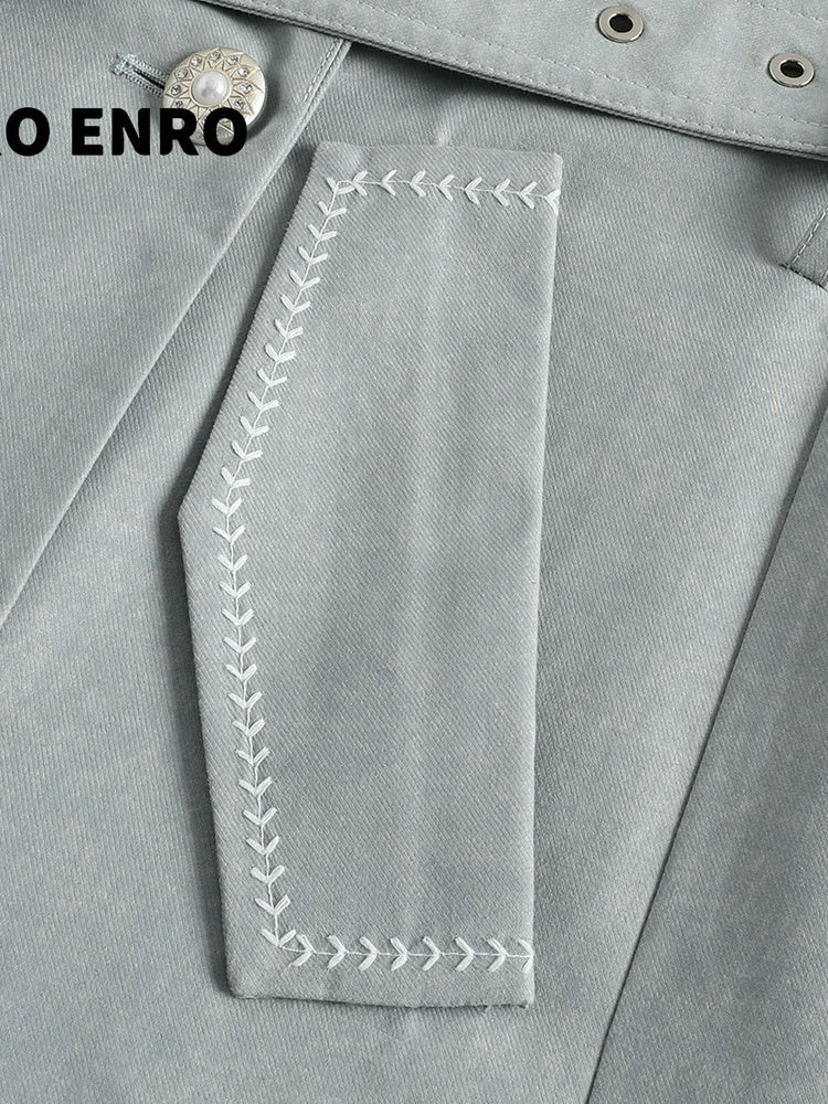 SHROENRO Embroidered Denim-Look Double-Breasted Trench Coat