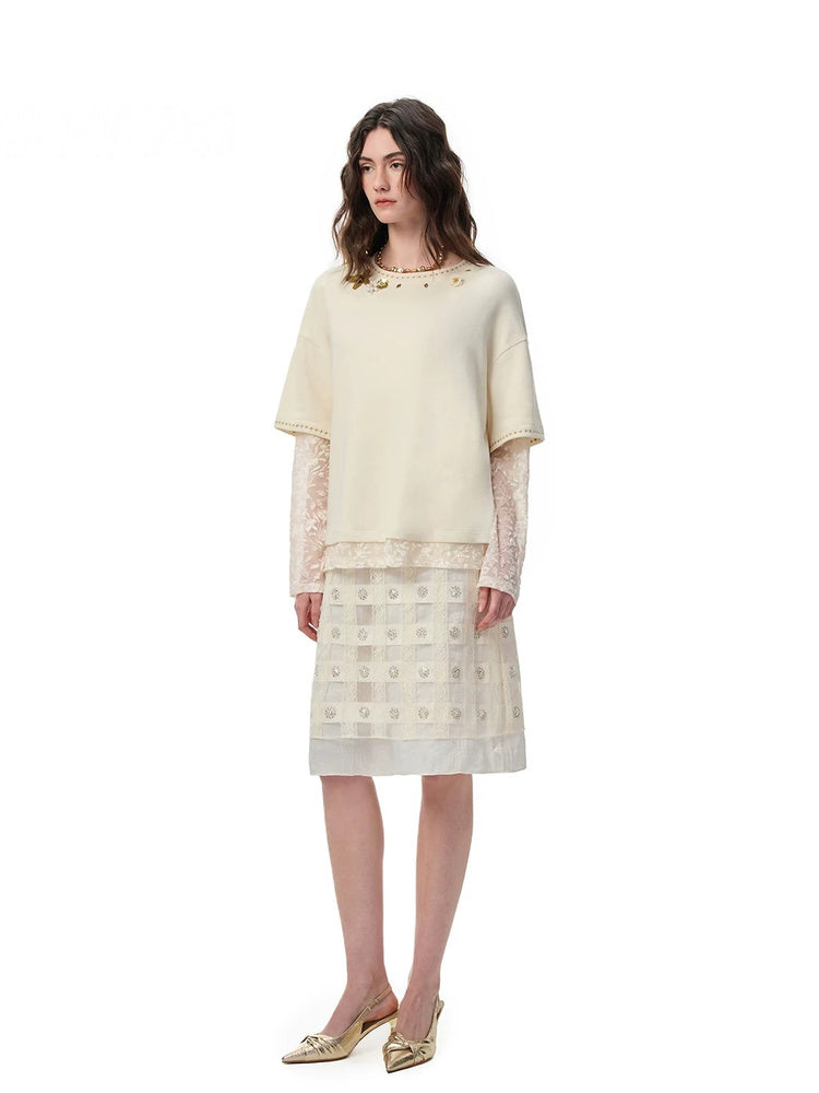 SHROENRO Beaded Lace-Layered Long-Sleeve Top