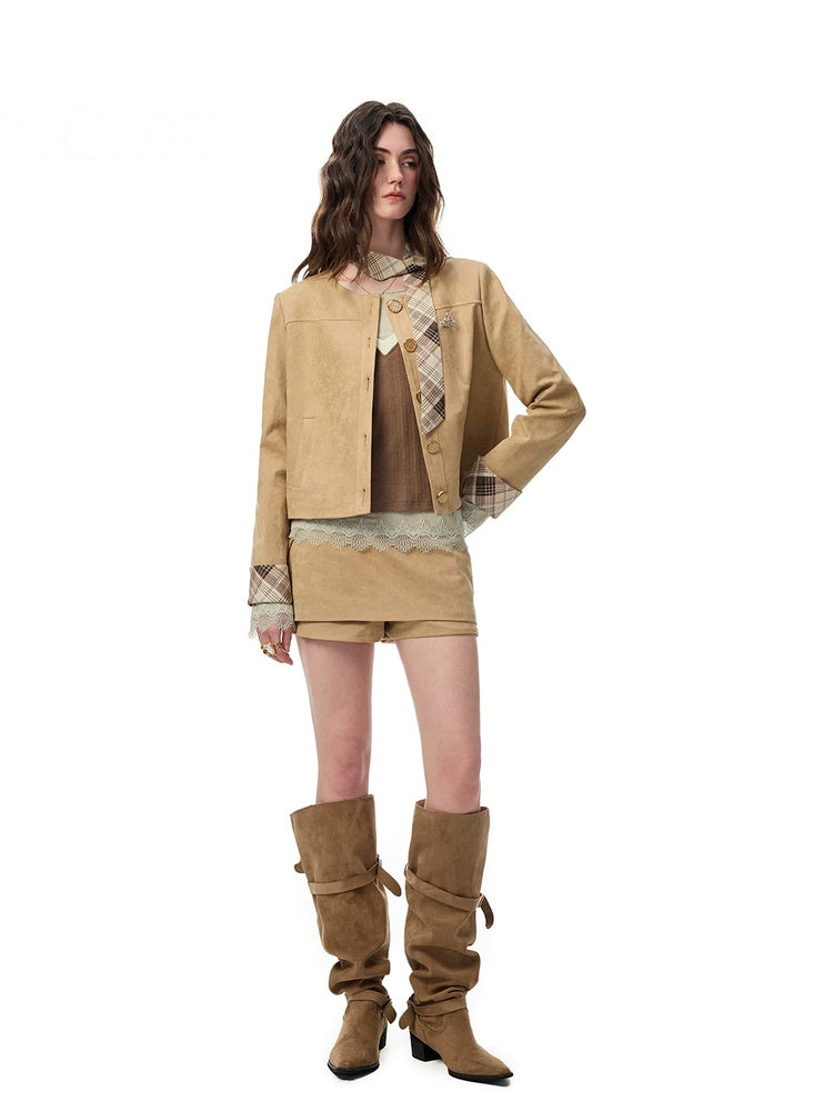 SHROENRO Vintage Plaid Cropped Jacket