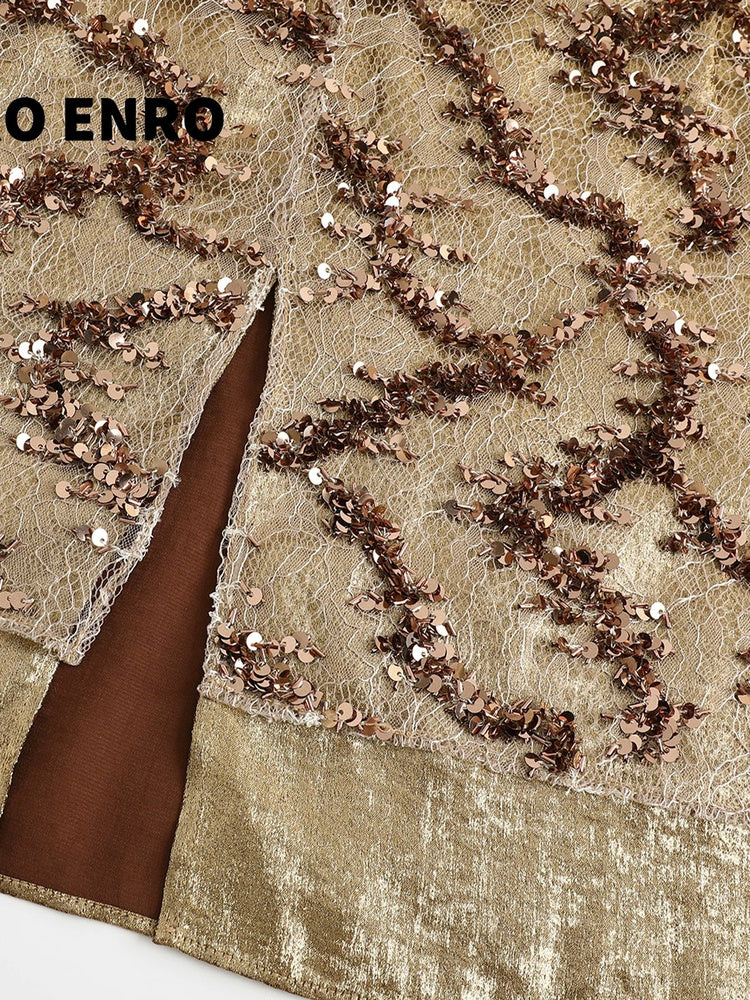 SHROENRO Embellished Lace-Layered Midi Skirt