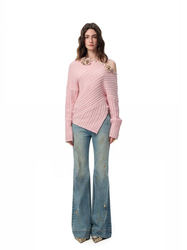 SHROENRO 3D Floral Asymmetric Off-Shoulder Knit Top