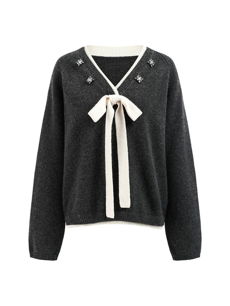 SHROENRO Beaded V-Neck Bow Knit Top