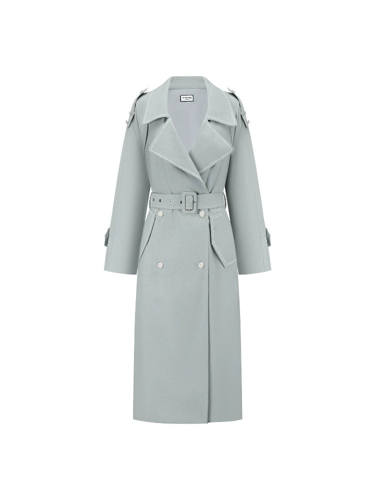 SHROENRO Embroidered Denim-Look Double-Breasted Trench Coat