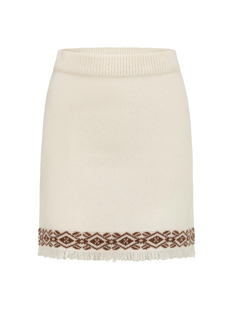 SHROENRO Jacquard Fringe Knit Mini Skirt