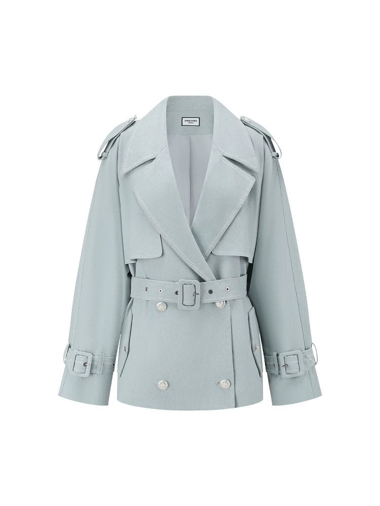 SHROENRO Embroidered Denim-Look Cropped Trench