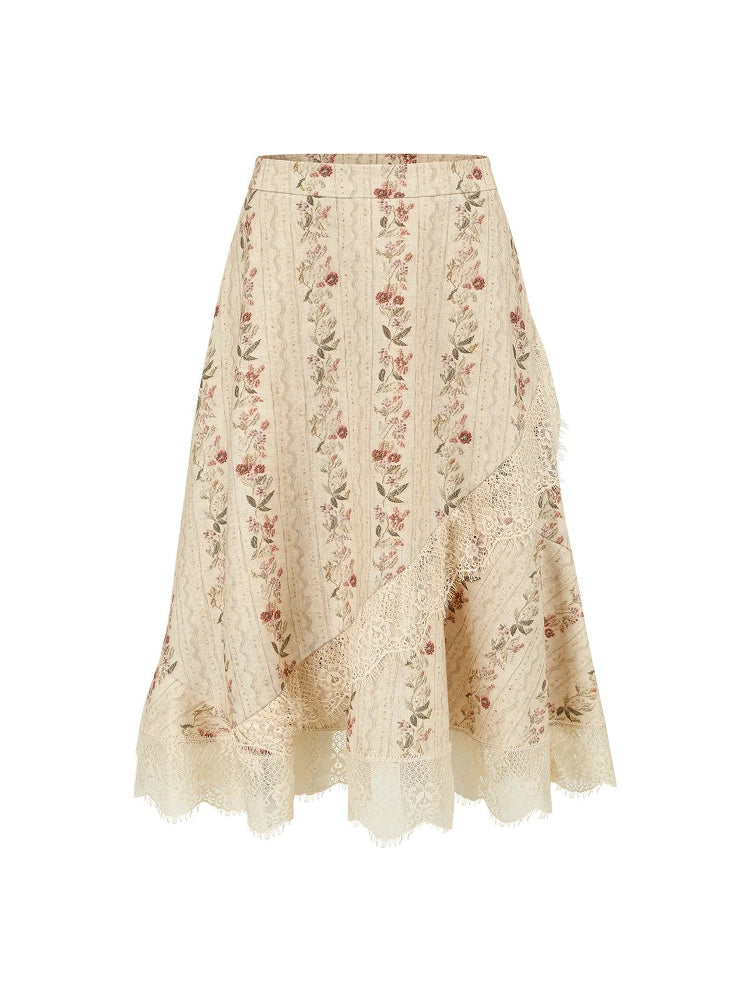 SHROENRO Asymmetric Lace-Panel Floral Midi Skirt
