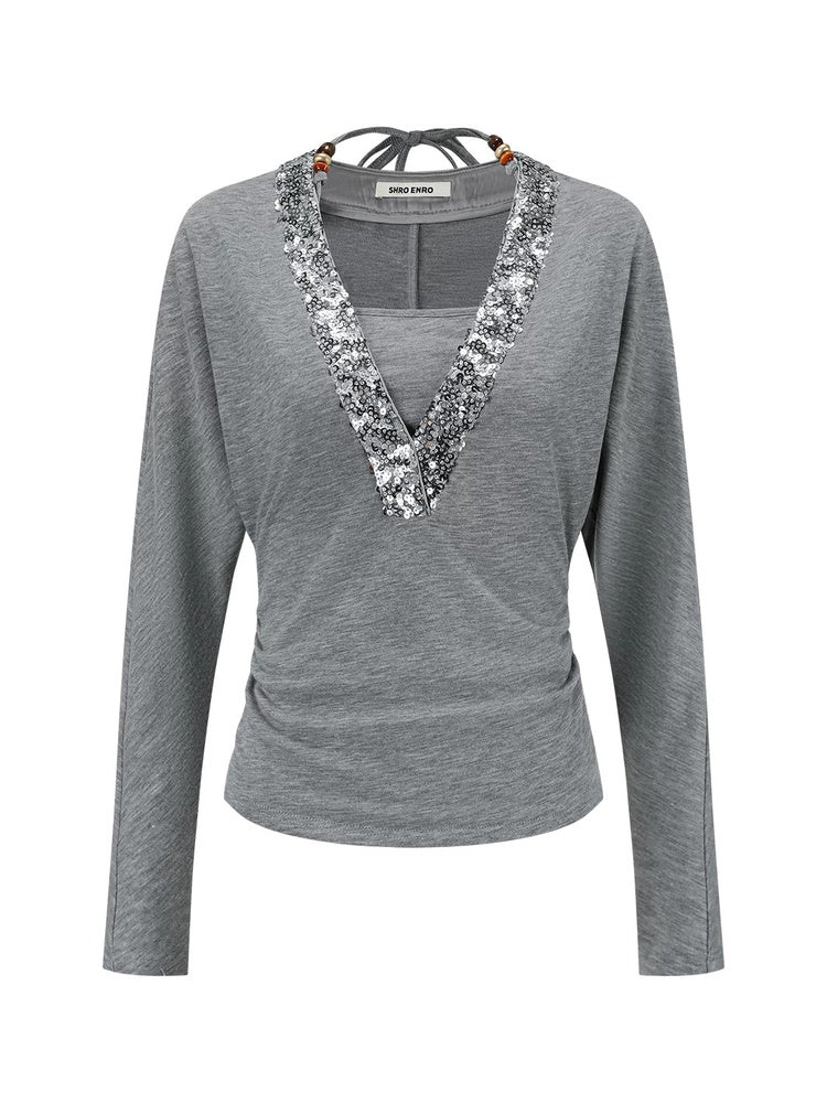 SHROENRO Sequin-Panel Halter Layered T-Shirt