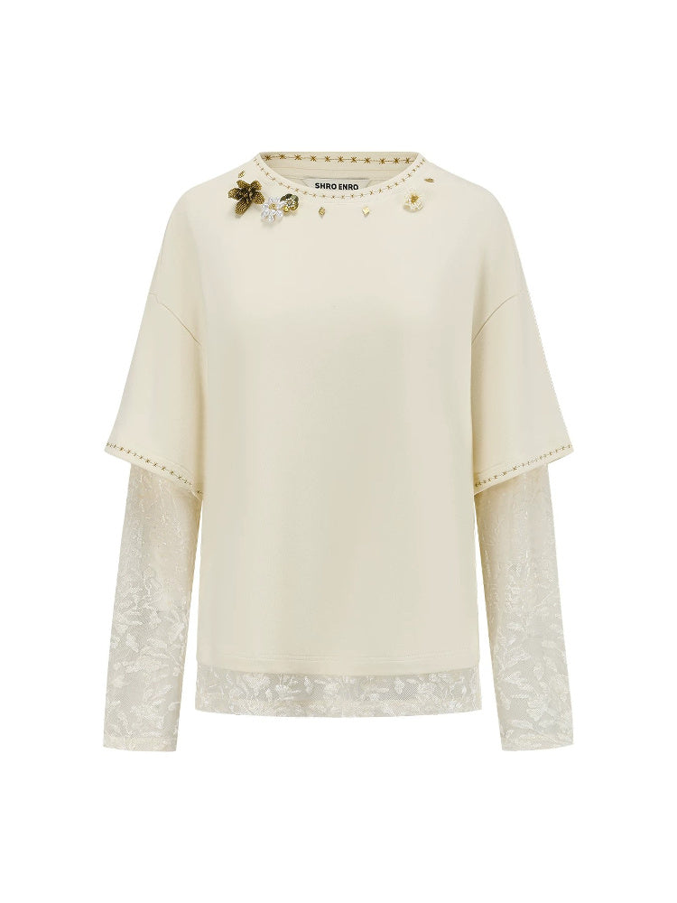 SHROENRO Beaded Lace-Layered Long-Sleeve Top