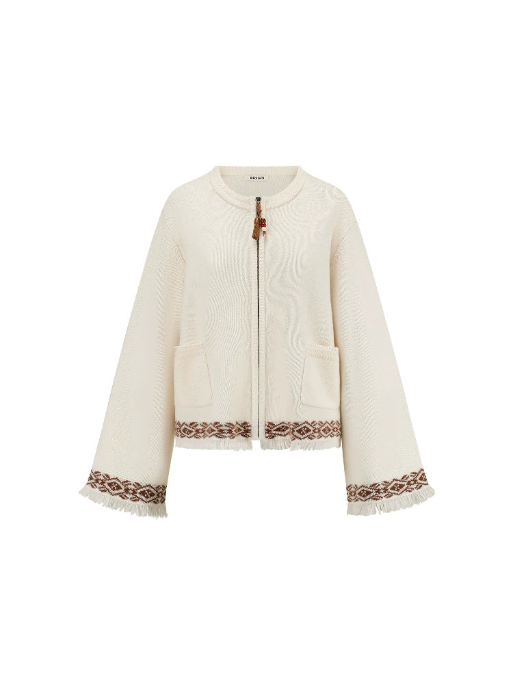 SHROENRO Jacquard Fringe Knit Cardigan