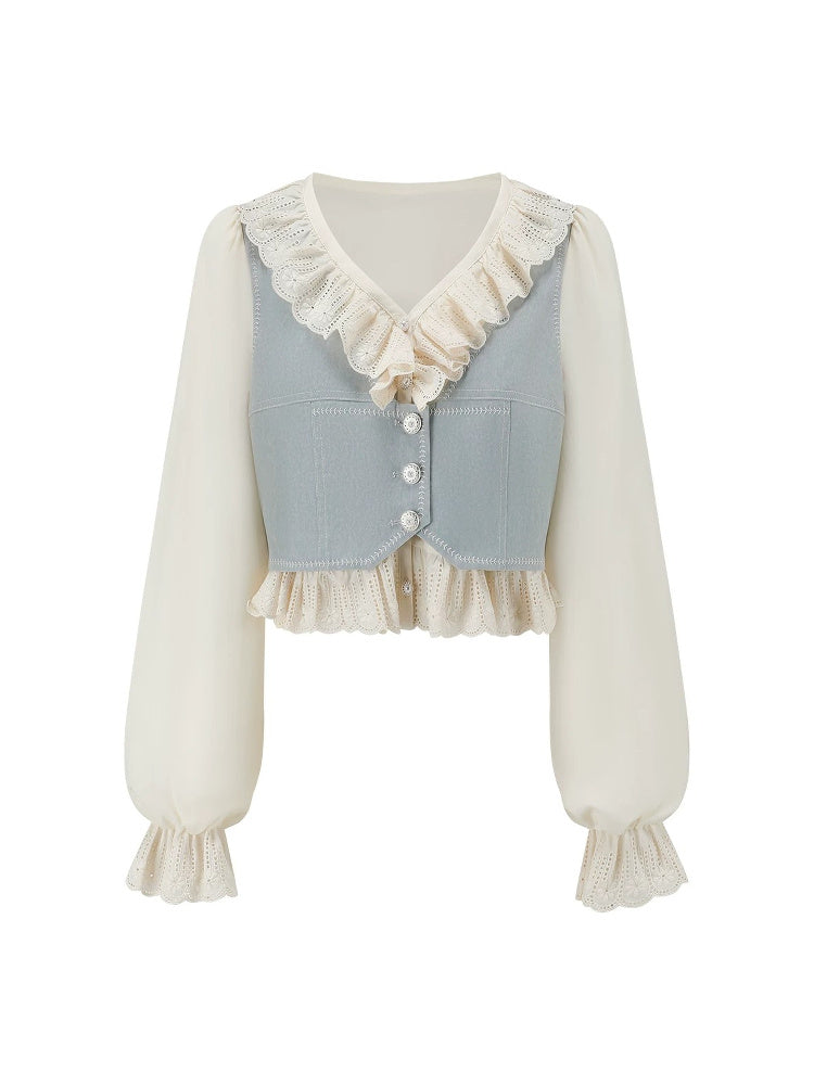SHROENRO Embroidered Denim-Look Vest and Shirt Set