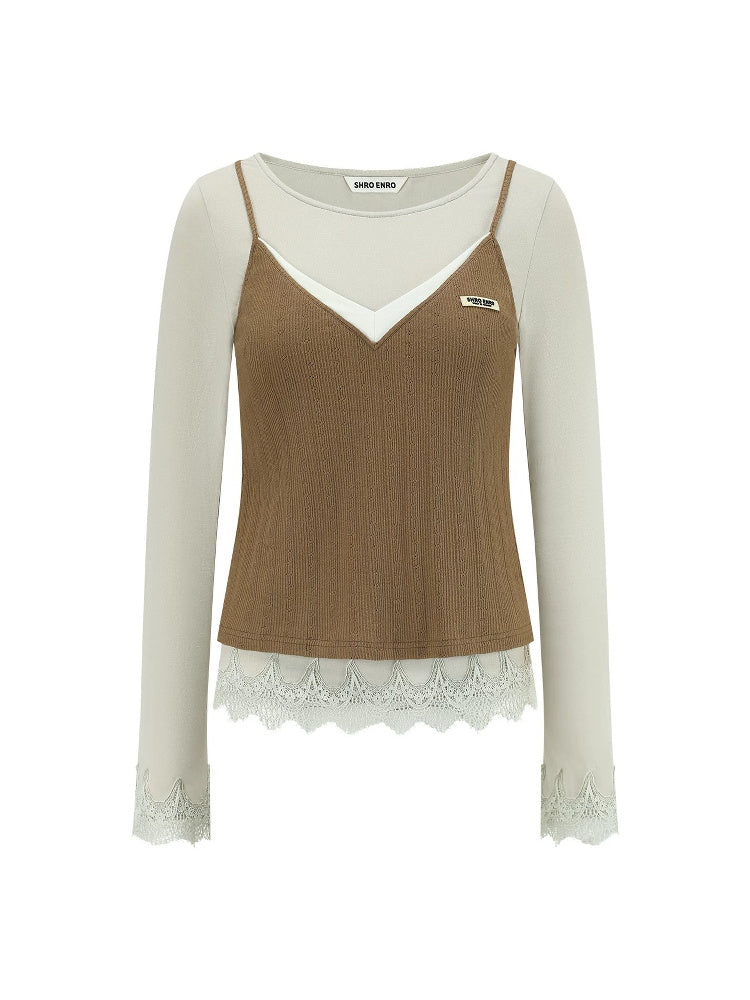 SHROENRO Contrast Lace-Trim Knit Two-Piece Top