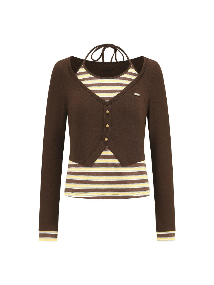SHROENRO Striped Halter-Neck Layered Knit Top