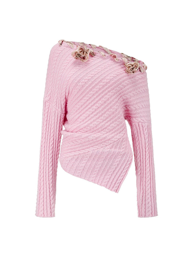 SHROENRO 3D Floral Asymmetric Off-Shoulder Knit Top