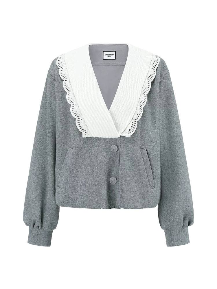 SHROENRO Lace-Trim V-Neck Cropped Sweatshirt