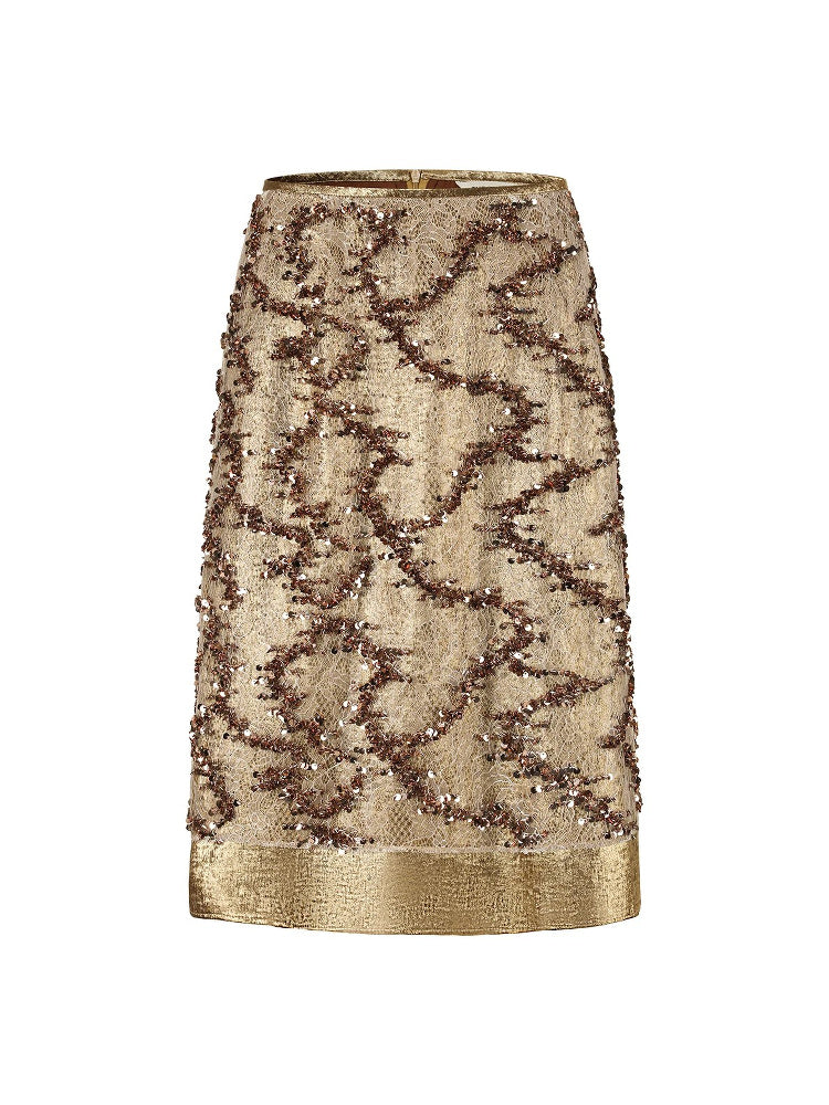 SHROENRO Embellished Lace-Layered Midi Skirt