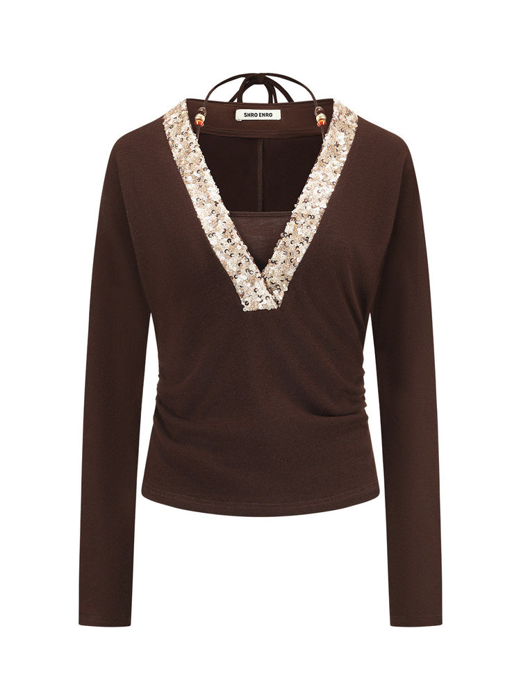 SHROENRO Sequin-Panel Halter Layered T-Shirt
