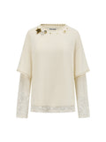 SHROENRO Beaded Lace-Layered Long-Sleeve Top